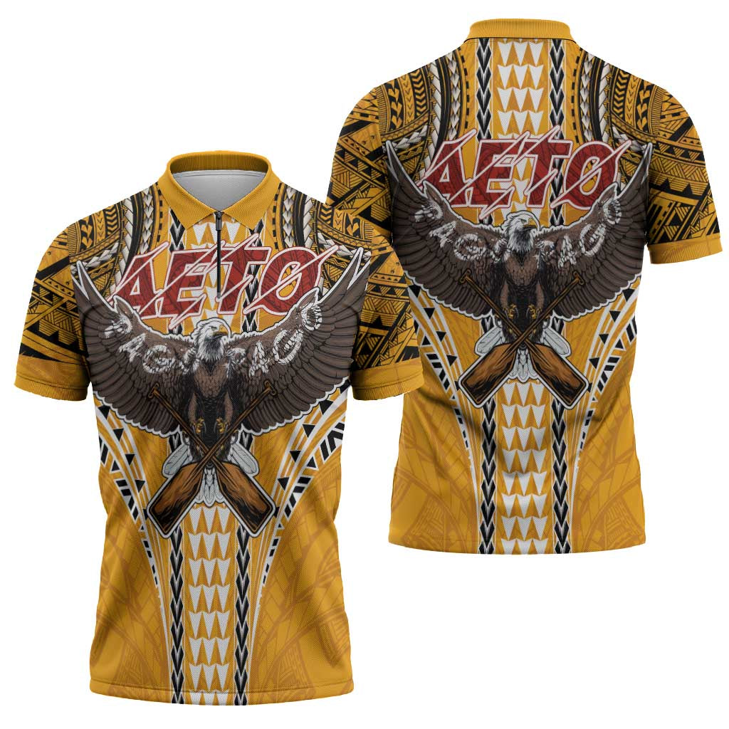 Samoa Pago Pago Aeto Zipper Polo Shirt Bald Eagle with Polynesian Art Tattoos - Polynesian Pride