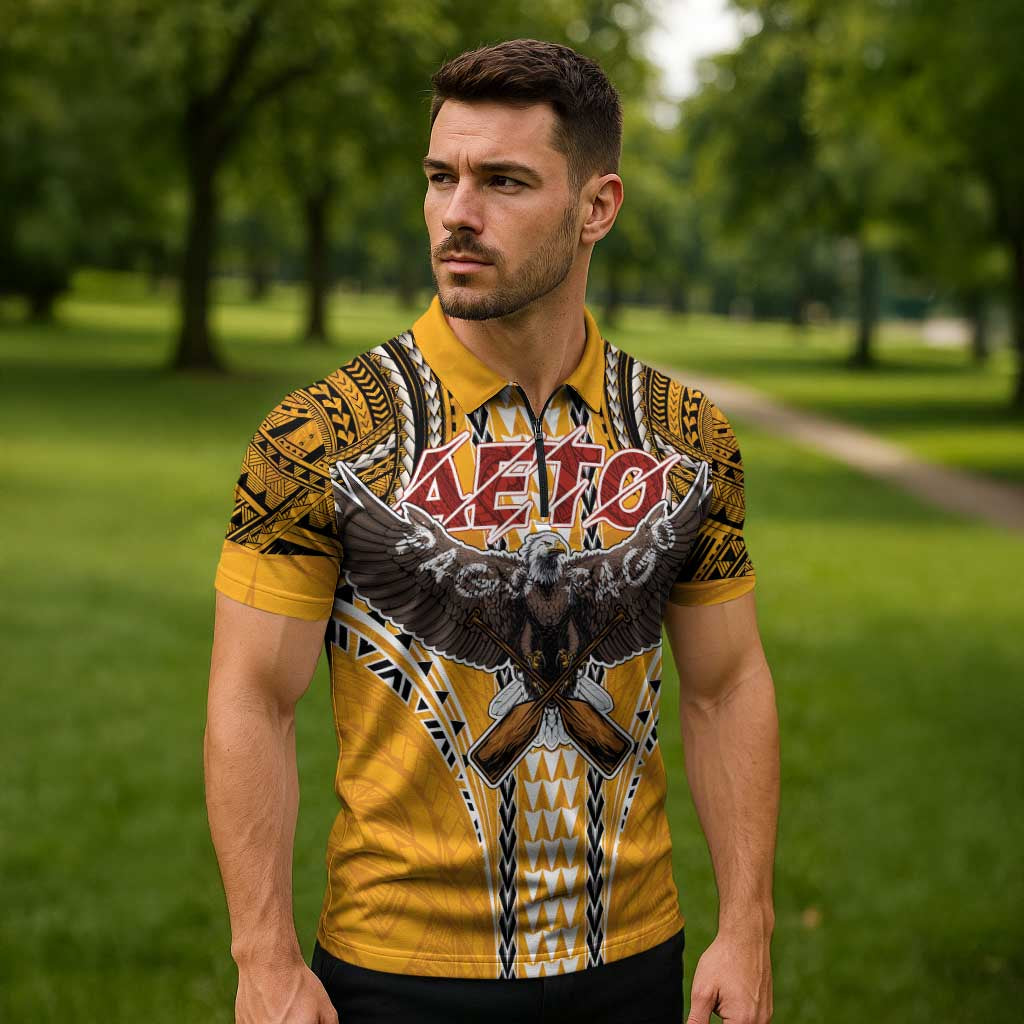 Samoa Pago Pago Aeto Zipper Polo Shirt Bald Eagle with Polynesian Art Tattoos - Polynesian Pride
