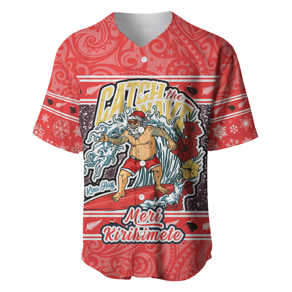 New Zealand Christmas Baseball Jersey Santa Catch The Wave Maori Pattern Retro Style LT03 Red - Polynesian Pride