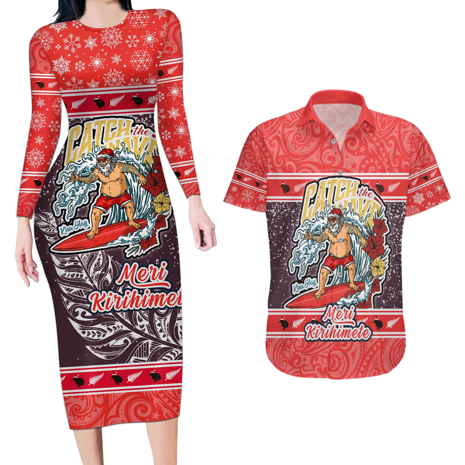 New Zealand Christmas Couples Matching Long Sleeve Bodycon Dress and Hawaiian Shirt Santa Catch The Wave Maori Pattern Retro Style LT03 Red - Polynesian Pride