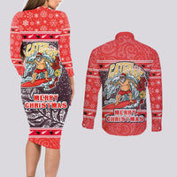 New Zealand Christmas Couples Matching Long Sleeve Bodycon Dress and Long Sleeve Button Shirts Santa Catch The Wave Maori Pattern Retro Style LT03 - Polynesian Pride