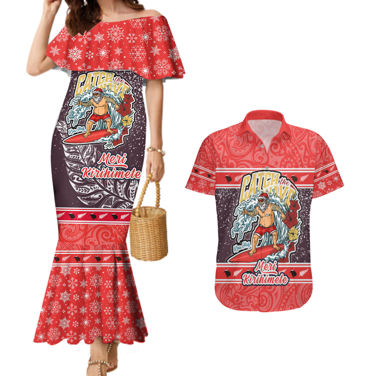 New Zealand Christmas Couples Matching Mermaid Dress and Hawaiian Shirt Santa Catch The Wave Maori Pattern Retro Style LT03 Red - Polynesian Pride