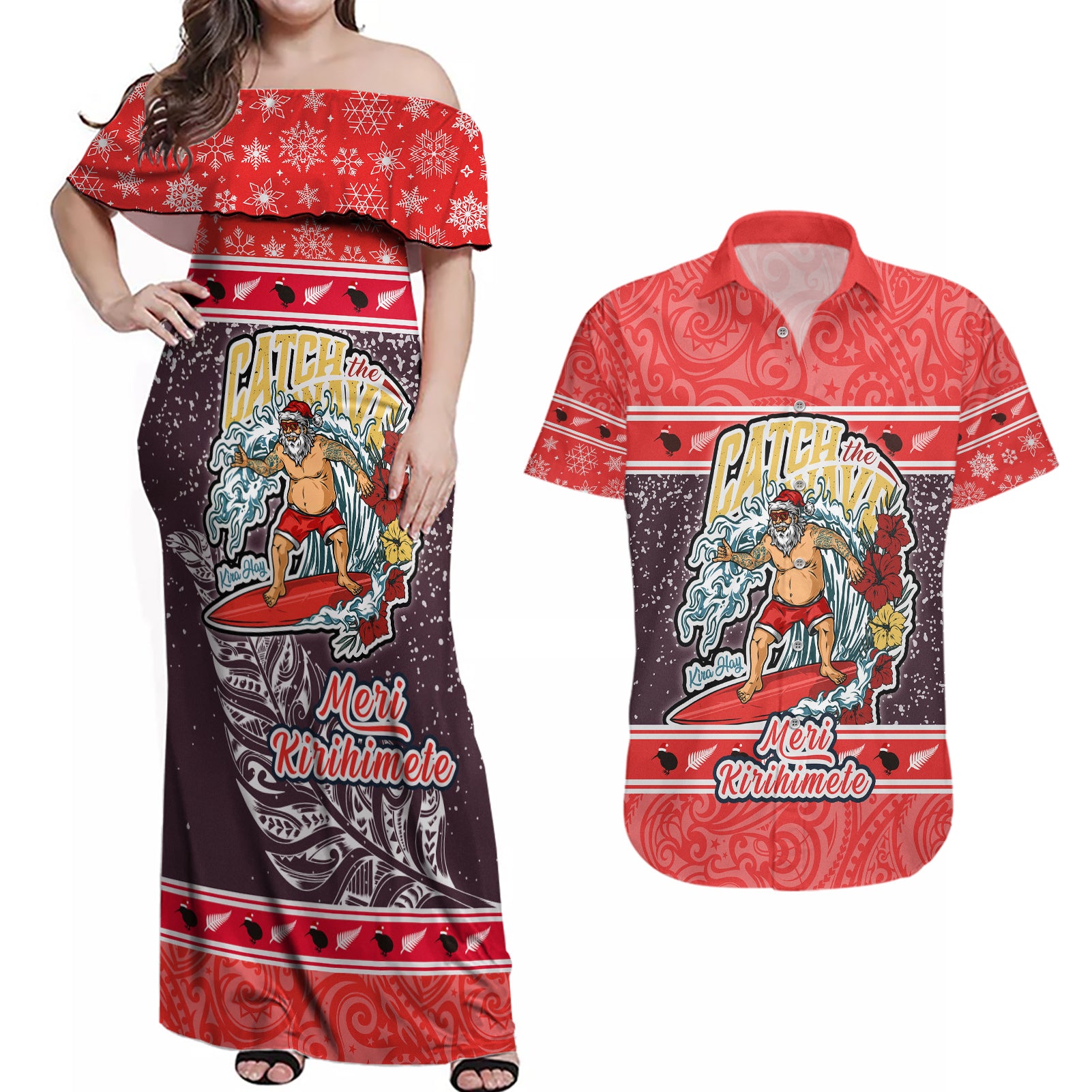 New Zealand Christmas Couples Matching Off Shoulder Maxi Dress and Hawaiian Shirt Santa Catch The Wave Maori Pattern Retro Style LT03 Red - Polynesian Pride