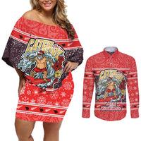 New Zealand Christmas Couples Matching Off Shoulder Short Dress and Long Sleeve Button Shirts Santa Catch The Wave Maori Pattern Retro Style LT03 Red - Polynesian Pride