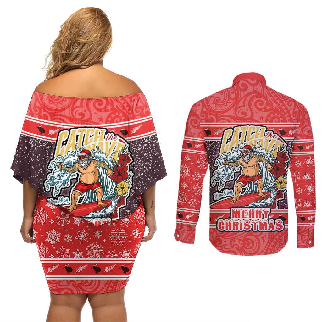 new-zealand-christmas-couples-matching-off-shoulder-short-dress-and-long-sleeve-button-shirts-santa-catch-the-wave-maori-pattern-retro-style