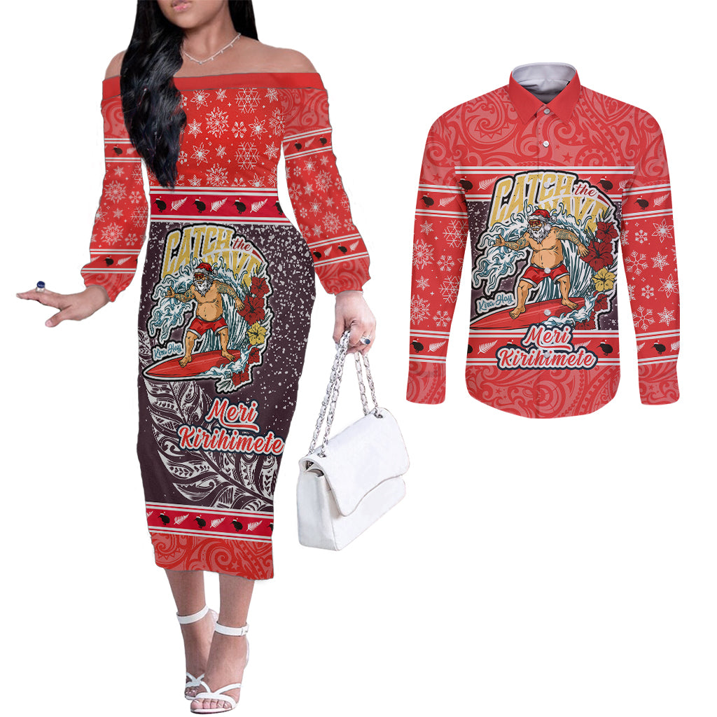 new-zealand-christmas-couples-matching-off-the-shoulder-long-sleeve-dress-and-long-sleeve-button-shirts-santa-catch-the-wave-maori-pattern-retro-style