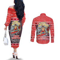 new-zealand-christmas-couples-matching-off-the-shoulder-long-sleeve-dress-and-long-sleeve-button-shirts-santa-catch-the-wave-maori-pattern-retro-style