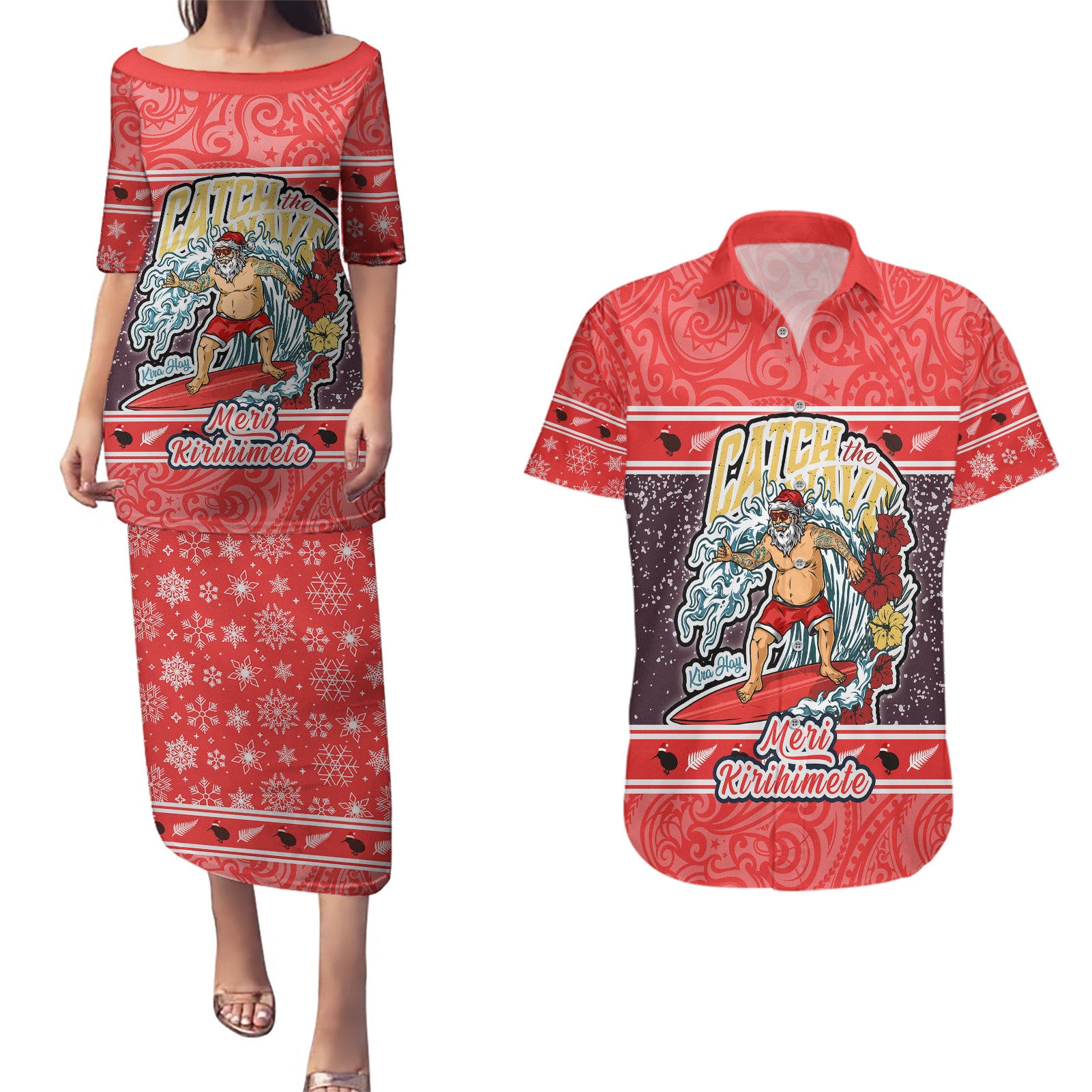 new-zealand-christmas-couples-matching-puletasi-dress-and-hawaiian-shirt-santa-catch-the-wave-maori-pattern-retro-style