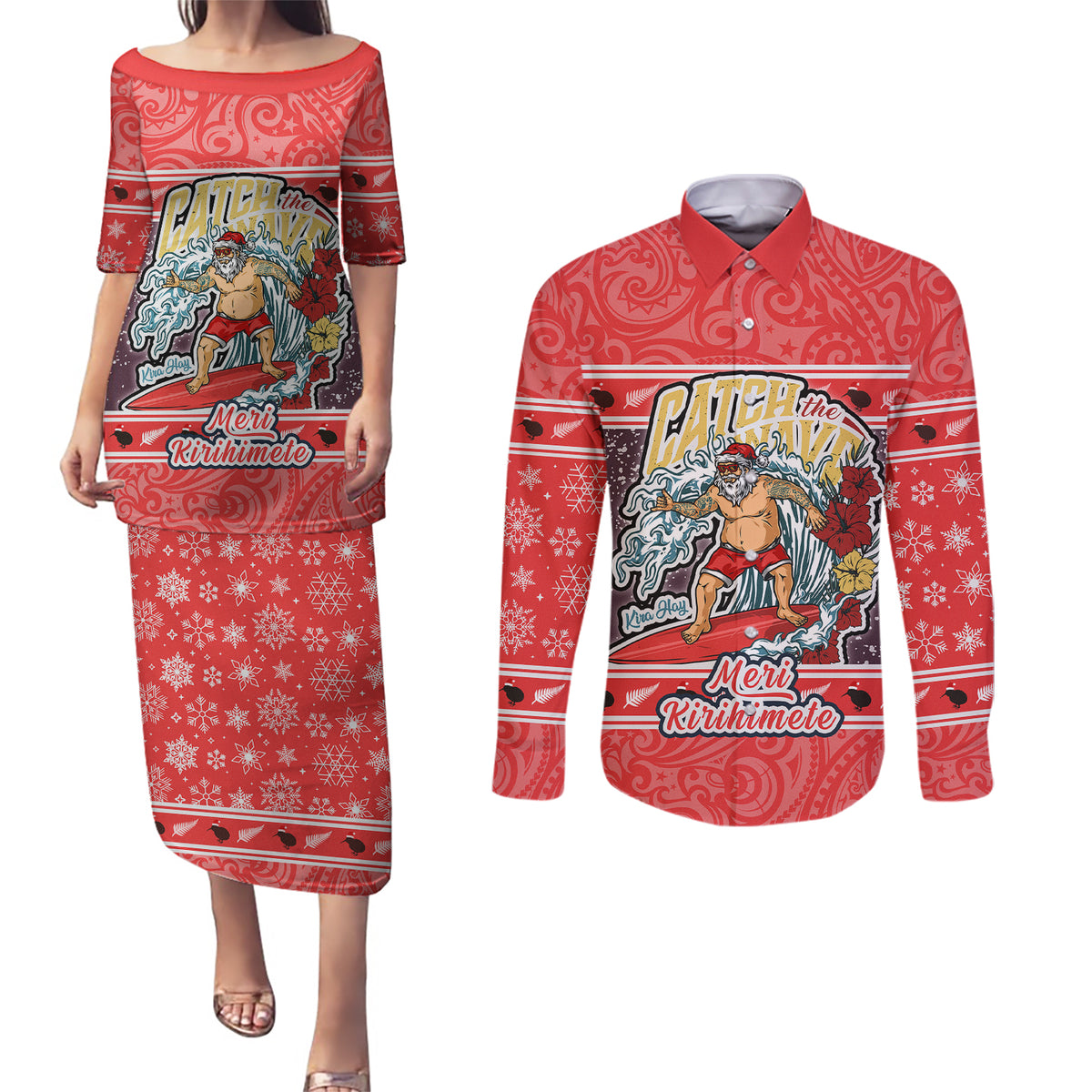 New Zealand Christmas Couples Matching Puletasi Dress and Long Sleeve Button Shirts Santa Catch The Wave Maori Pattern Retro Style LT03 Red - Polynesian Pride