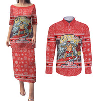 New Zealand Christmas Couples Matching Puletasi Dress and Long Sleeve Button Shirts Santa Catch The Wave Maori Pattern Retro Style LT03 Red - Polynesian Pride