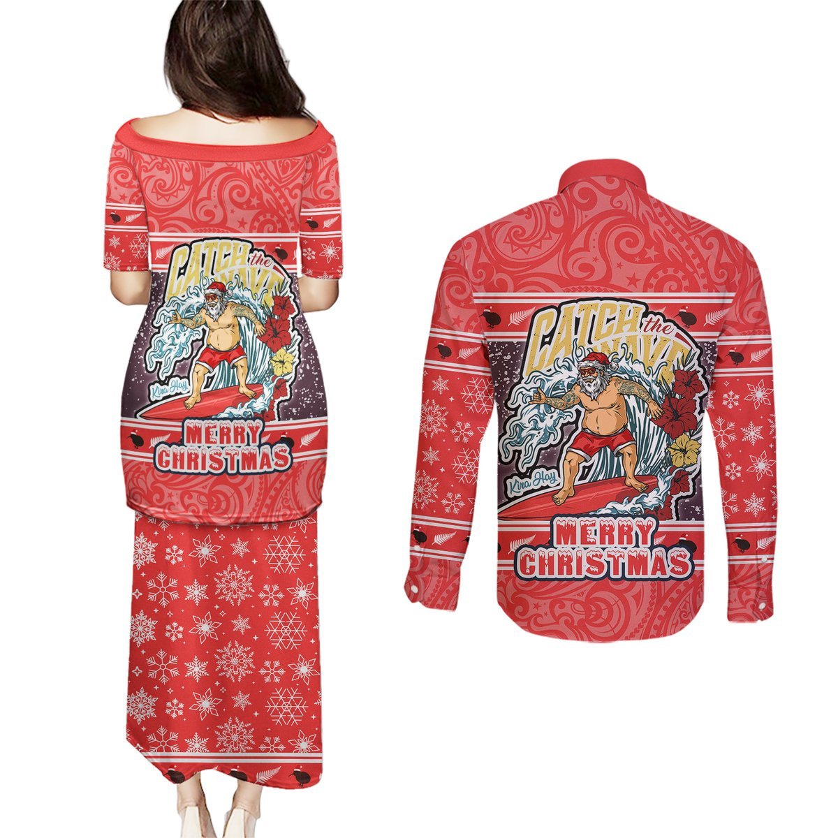 New Zealand Christmas Couples Matching Puletasi Dress and Long Sleeve Button Shirts Santa Catch The Wave Maori Pattern Retro Style LT03 - Polynesian Pride