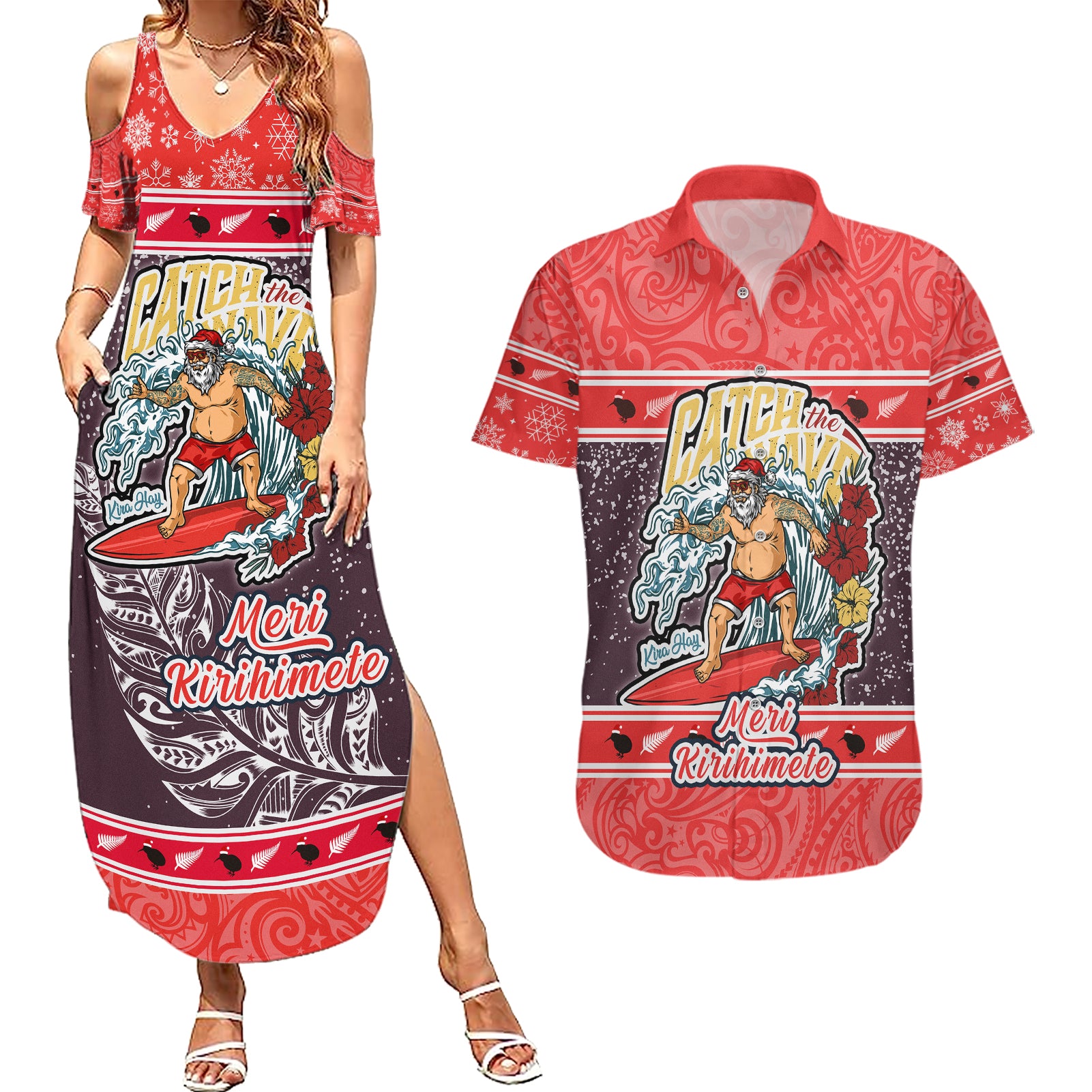 new-zealand-christmas-couples-matching-summer-maxi-dress-and-hawaiian-shirt-santa-catch-the-wave-maori-pattern-retro-style