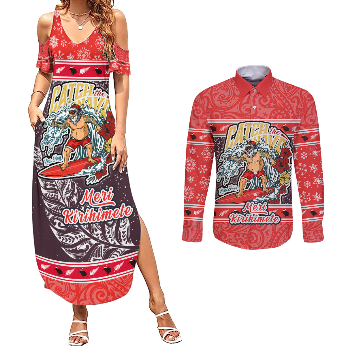 new-zealand-christmas-couples-matching-summer-maxi-dress-and-long-sleeve-button-shirts-santa-catch-the-wave-maori-pattern-retro-style