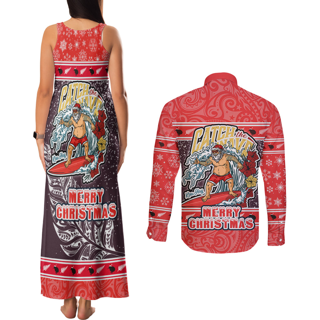 New Zealand Christmas Couples Matching Tank Maxi Dress and Long Sleeve Button Shirts Santa Catch The Wave Maori Pattern Retro Style LT03 - Polynesian Pride