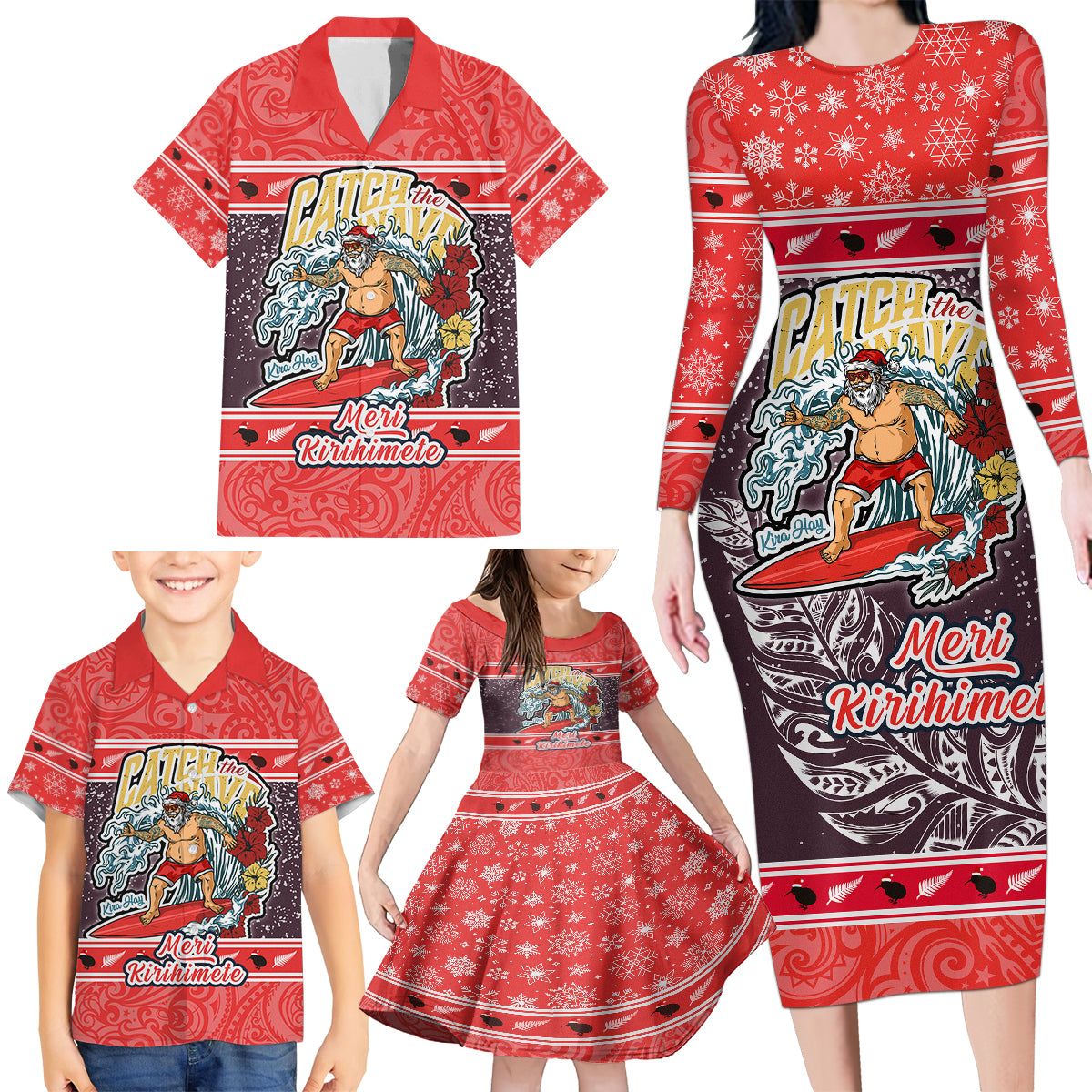 New Zealand Christmas Family Matching Long Sleeve Bodycon Dress and Hawaiian Shirt Santa Catch The Wave Maori Pattern Retro Style LT03 - Polynesian Pride