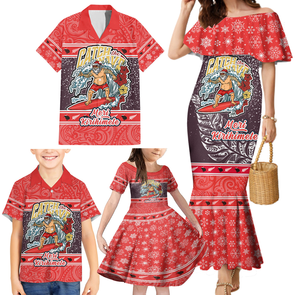 New Zealand Christmas Family Matching Mermaid Dress and Hawaiian Shirt Santa Catch The Wave Maori Pattern Retro Style LT03 - Polynesian Pride