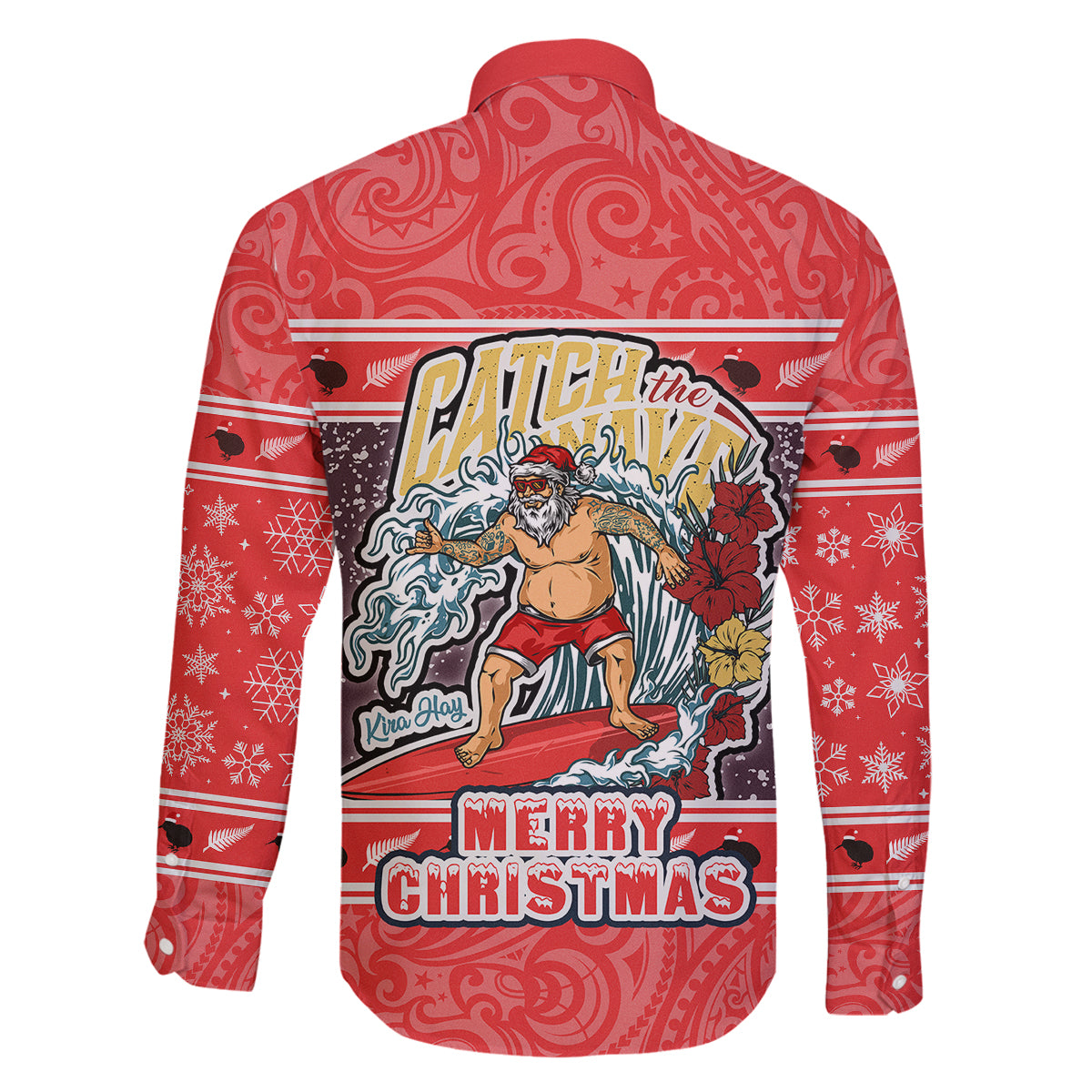 New Zealand Christmas Family Matching Off Shoulder Long Sleeve Dress and Hawaiian Shirt Santa Catch The Wave Maori Pattern Retro Style LT03 - Polynesian Pride