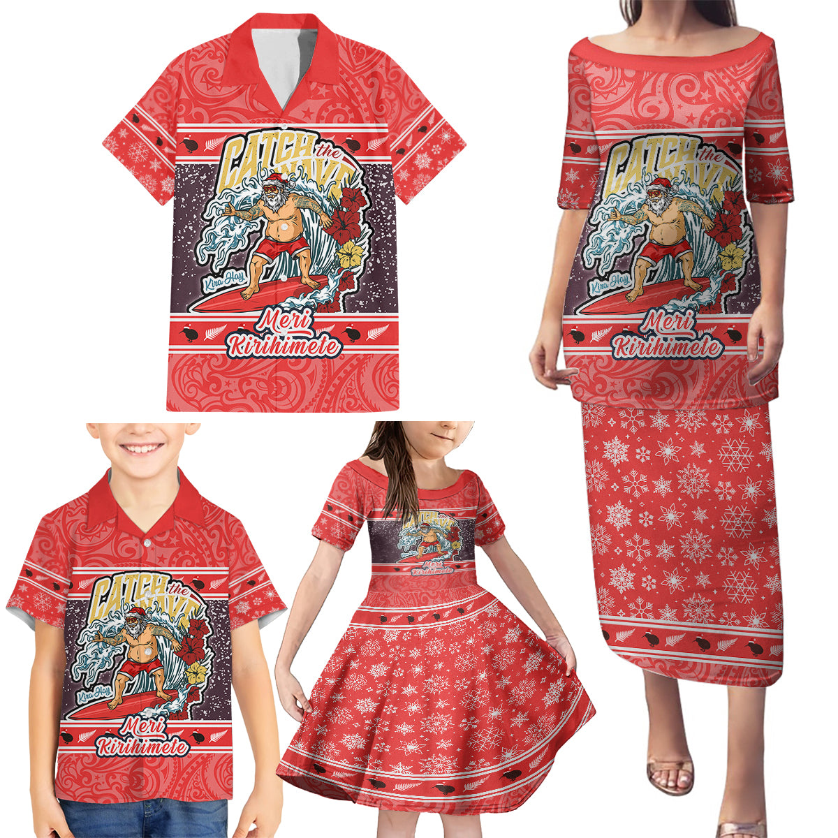 New Zealand Christmas Family Matching Puletasi Dress and Hawaiian Shirt Santa Catch The Wave Maori Pattern Retro Style LT03 - Polynesian Pride