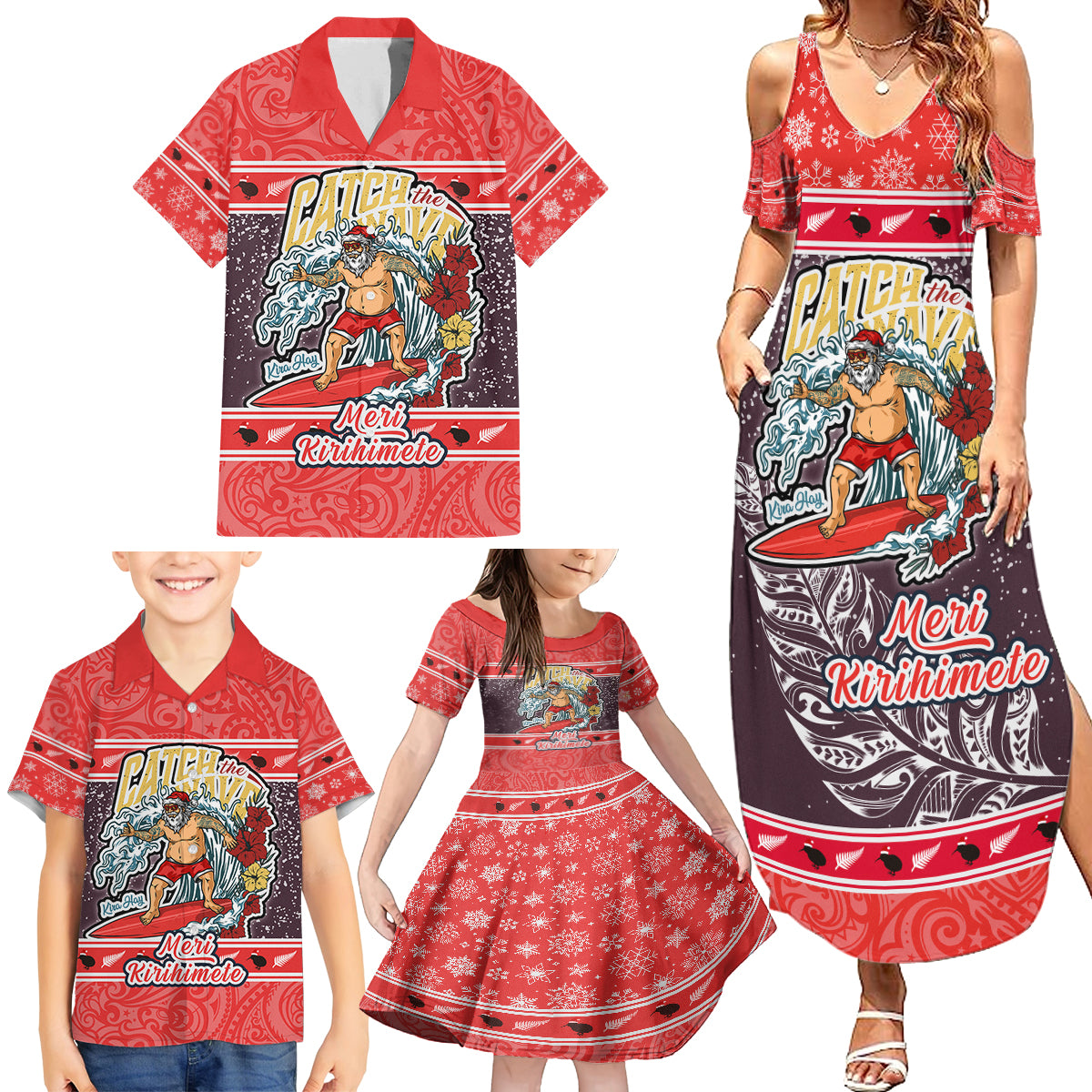 New Zealand Christmas Family Matching Summer Maxi Dress and Hawaiian Shirt Santa Catch The Wave Maori Pattern Retro Style LT03 - Polynesian Pride