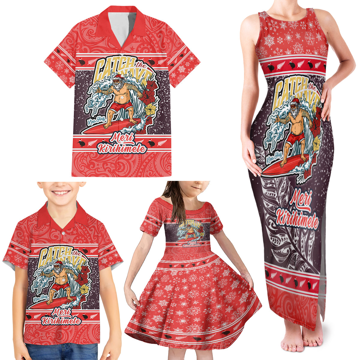 new-zealand-christmas-family-matching-tank-maxi-dress-and-hawaiian-shirt-santa-catch-the-wave-maori-pattern-retro-style