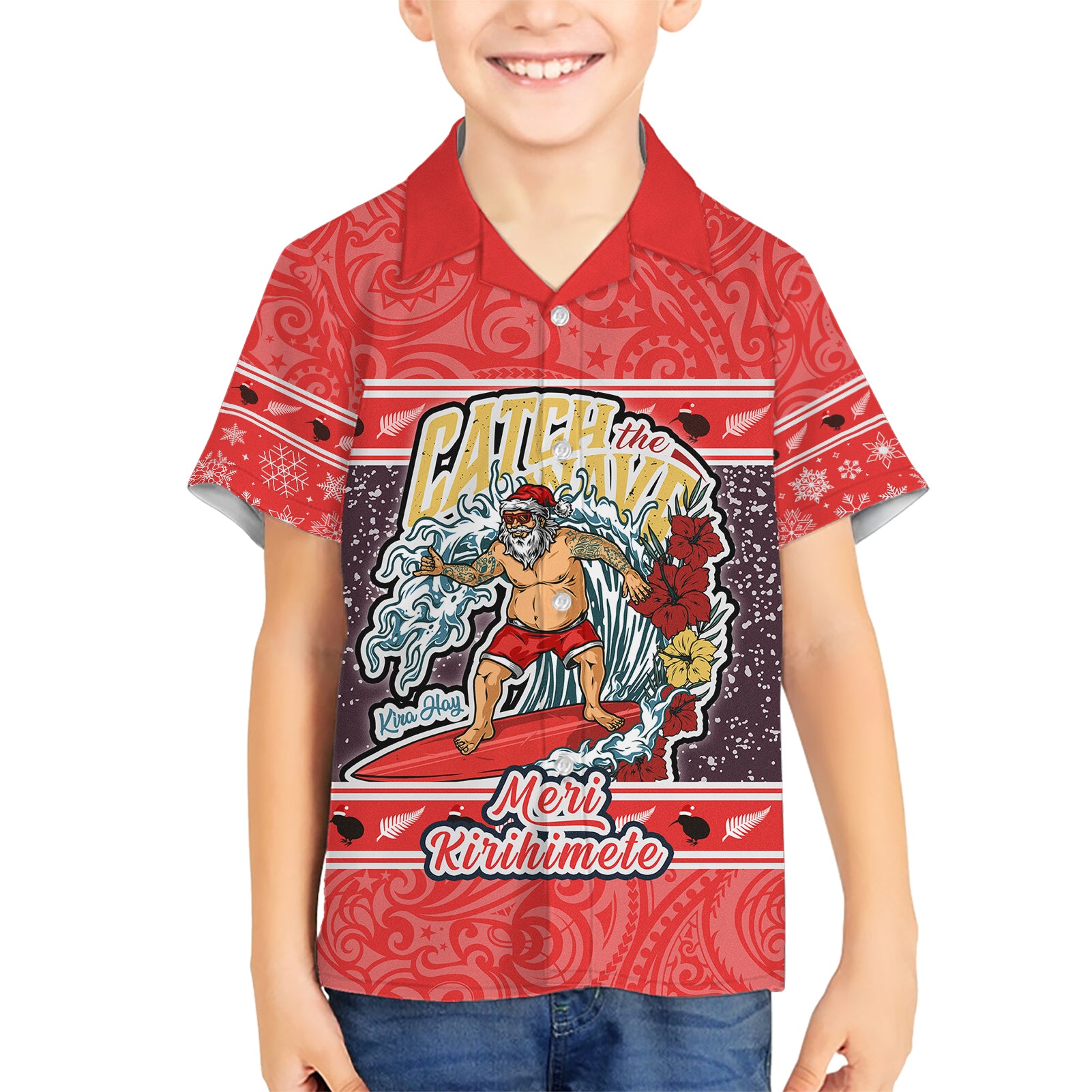 new-zealand-christmas-kid-hawaiian-shirt-santa-catch-the-wave-maori-pattern-retro-style