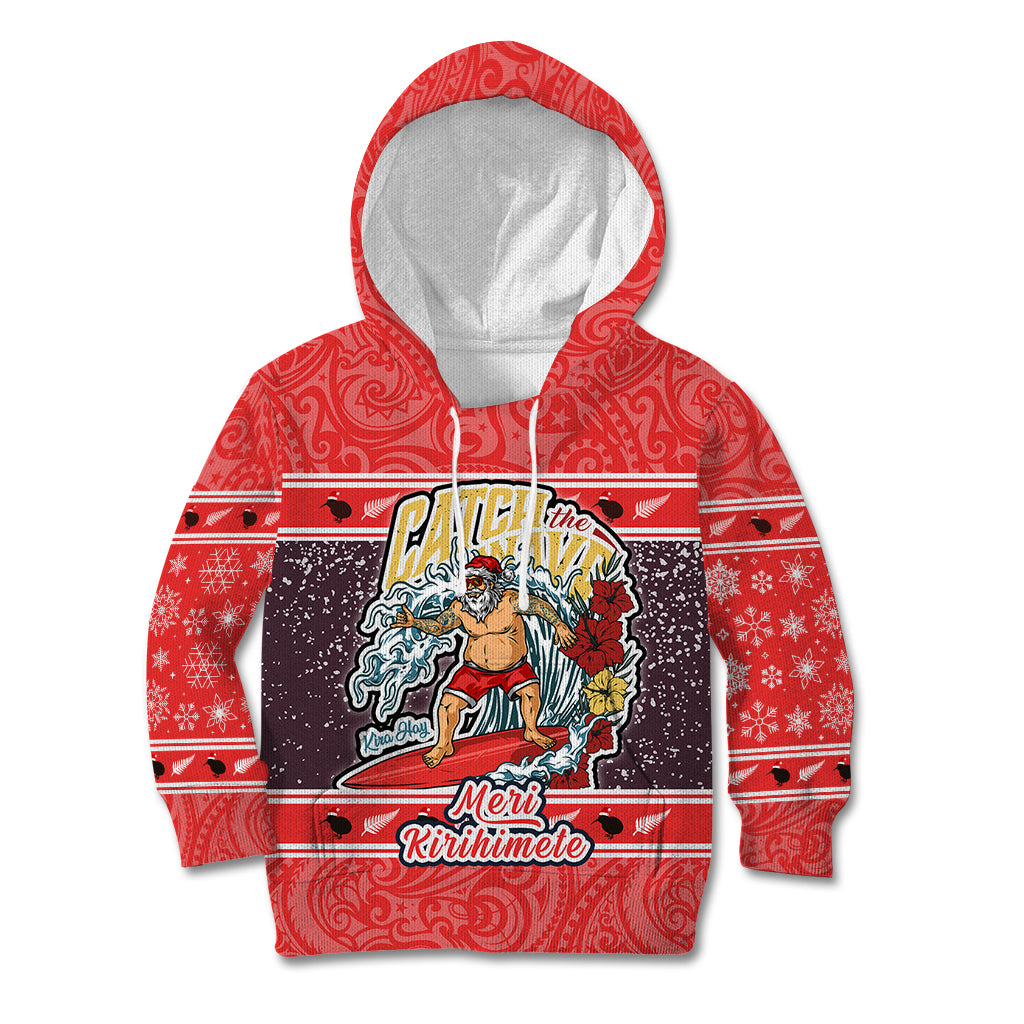 New Zealand Christmas Kid Hoodie Santa Catch The Wave Maori Pattern Retro Style LT03 Hoodie Red - Polynesian Pride