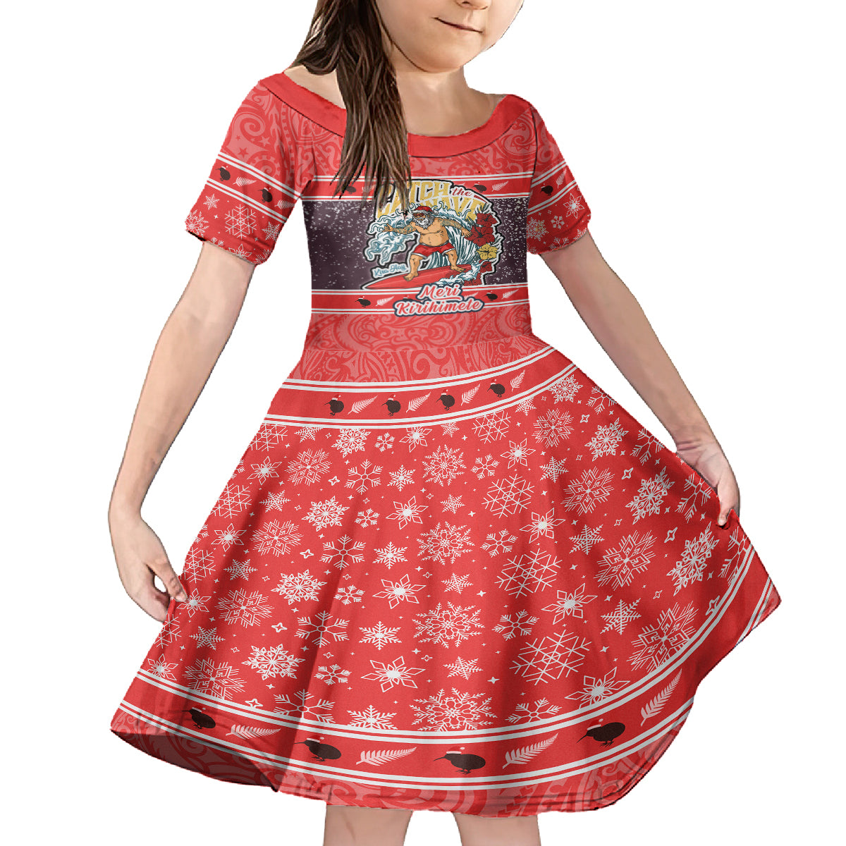 New Zealand Christmas Kid Short Sleeve Dress Santa Catch The Wave Maori Pattern Retro Style LT03 KID Red - Polynesian Pride