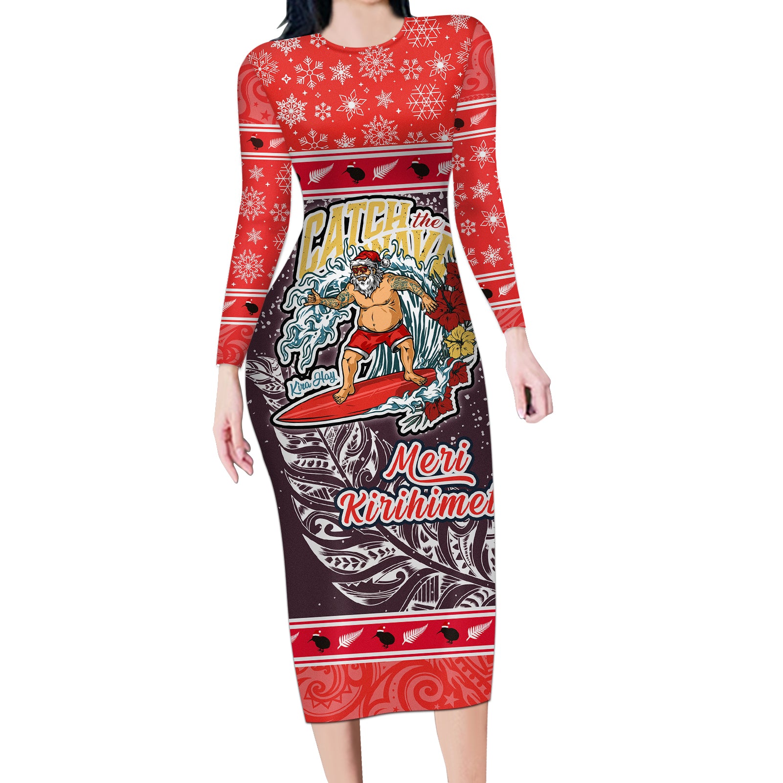 New Zealand Christmas Long Sleeve Bodycon Dress Santa Catch The Wave Maori Pattern Retro Style LT03 Long Dress Red - Polynesian Pride