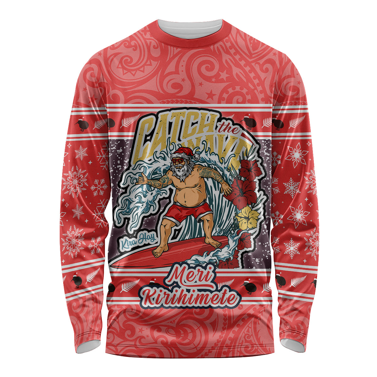 New Zealand Christmas Long Sleeve Shirt Santa Catch The Wave Maori Pattern Retro Style LT03 Unisex Red - Polynesian Pride