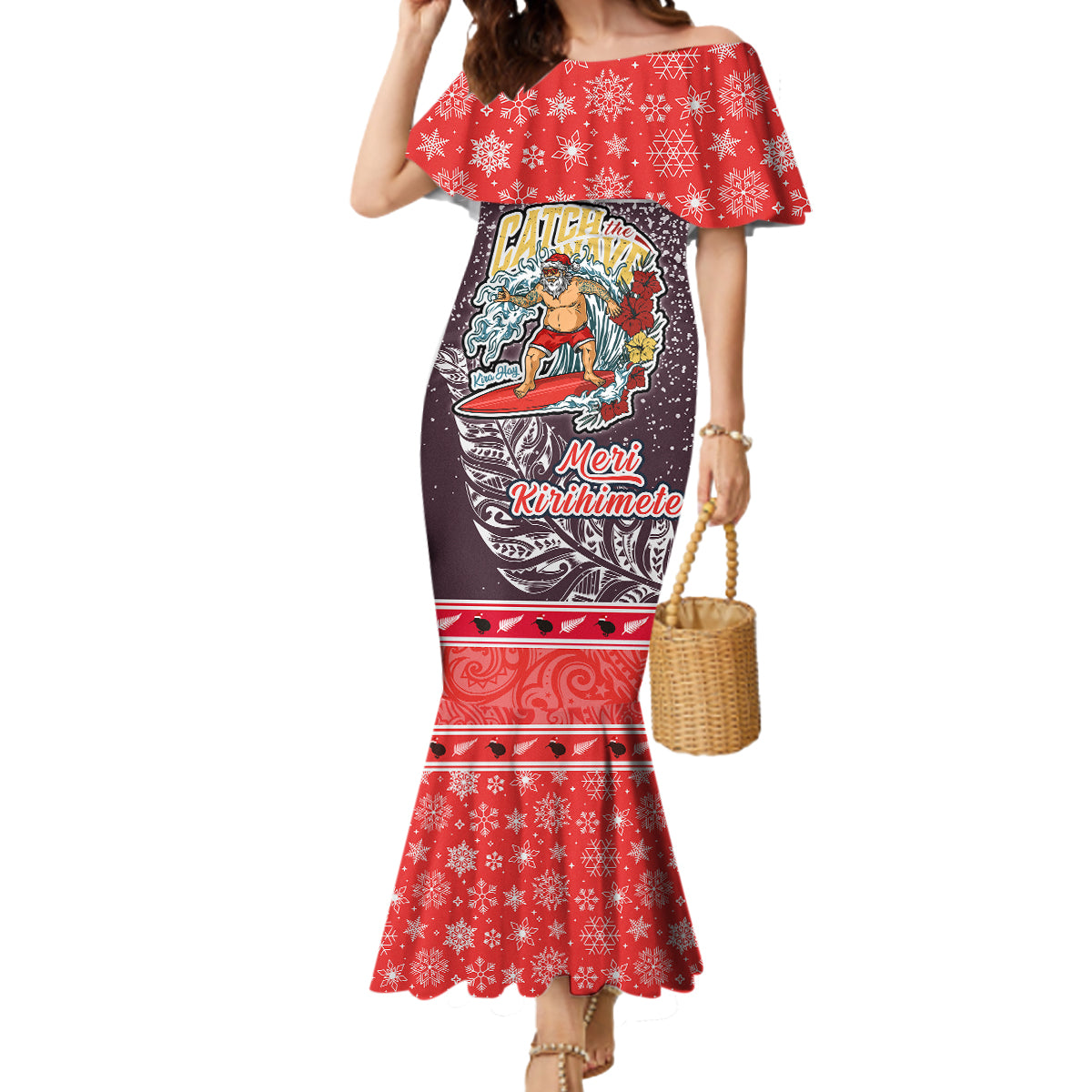 New Zealand Christmas Mermaid Dress Santa Catch The Wave Maori Pattern Retro Style LT03 Women Red - Polynesian Pride