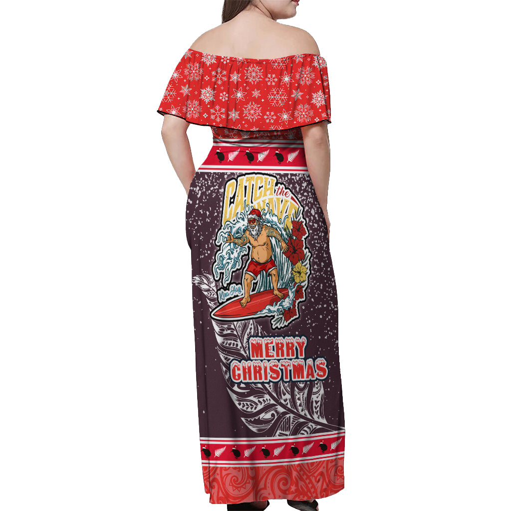 New Zealand Christmas Off Shoulder Maxi Dress Santa Catch The Wave Maori Pattern Retro Style LT03 - Polynesian Pride