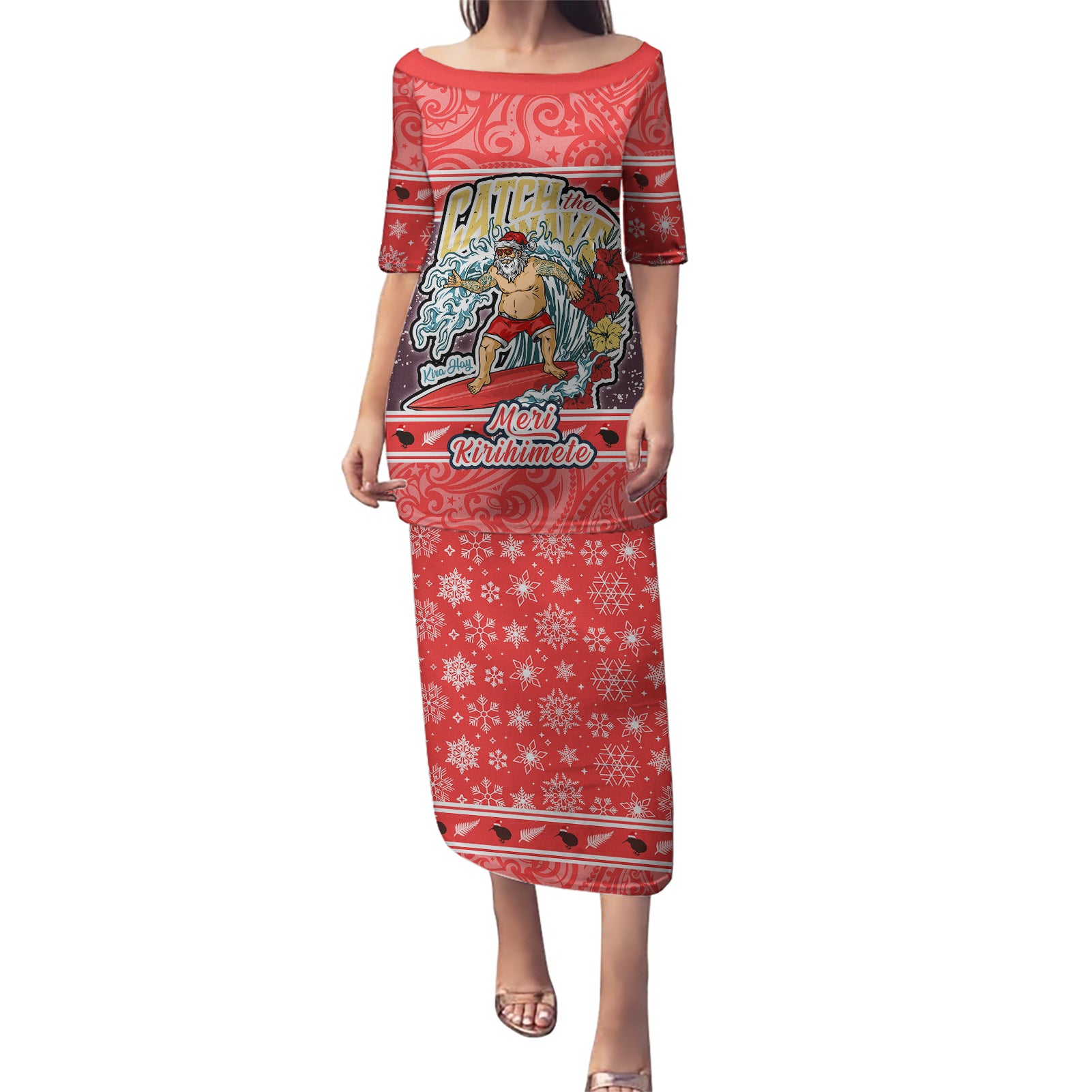 New Zealand Christmas Puletasi Santa Catch The Wave Maori Pattern Retro Style LT03 Long Dress Red - Polynesian Pride