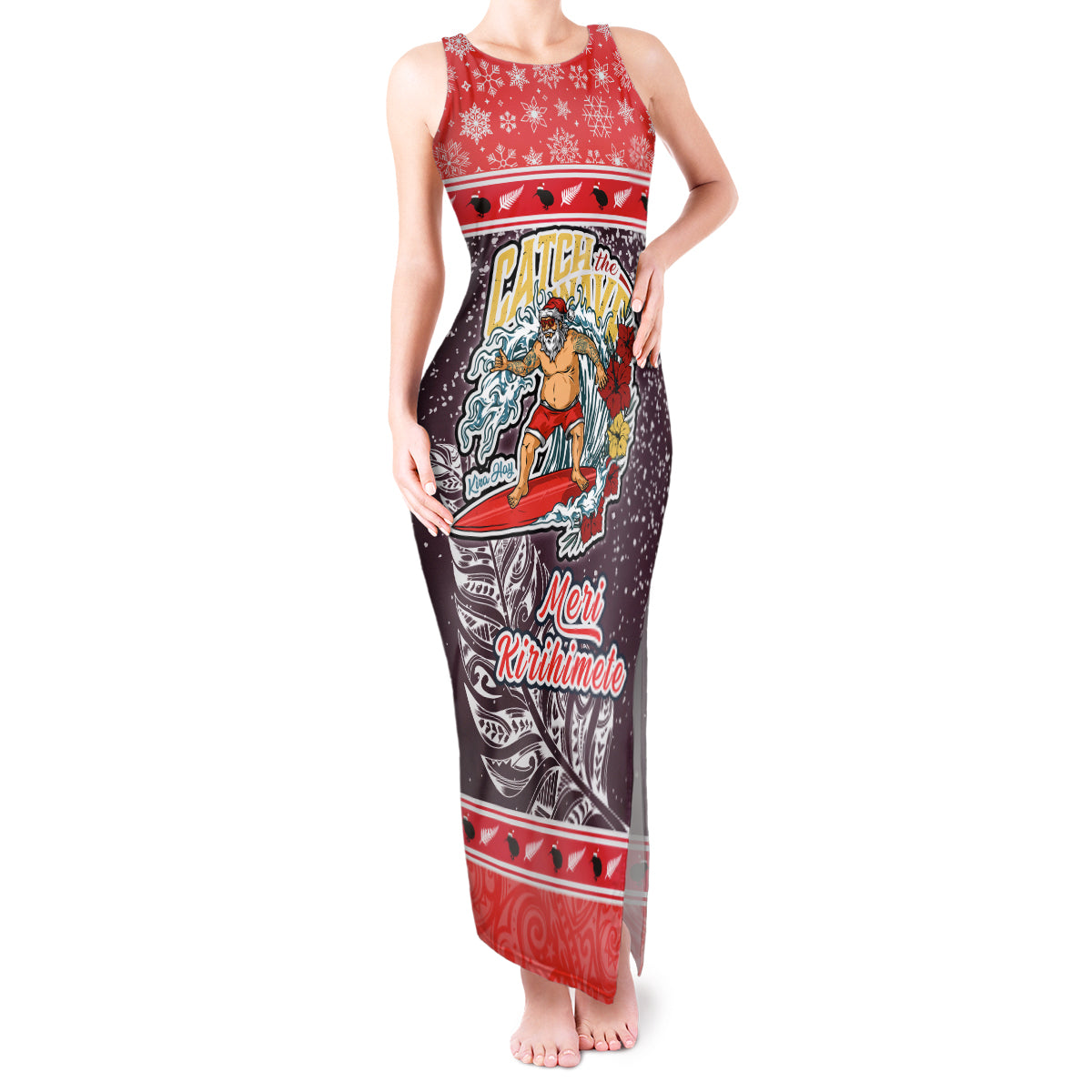 New Zealand Christmas Tank Maxi Dress Santa Catch The Wave Maori Pattern Retro Style LT03 Women Red - Polynesian Pride