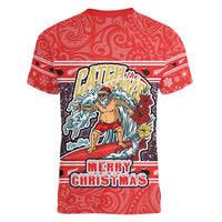 New Zealand Christmas Women V Neck T Shirt Santa Catch The Wave Maori Pattern Retro Style LT03 - Polynesian Pride