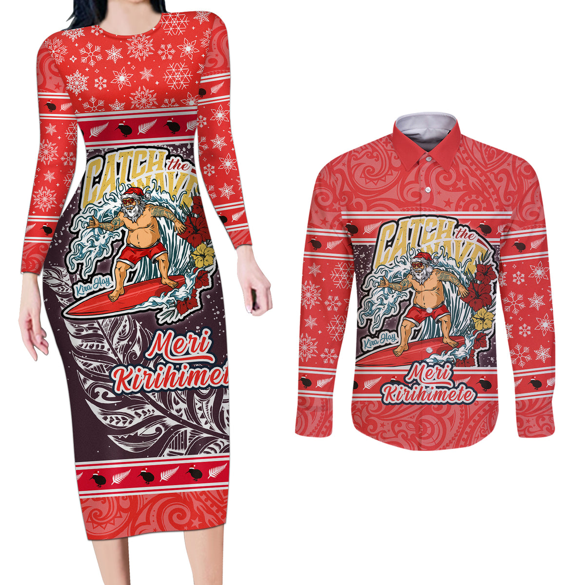 custom-new-zealand-christmas-couples-matching-long-sleeve-bodycon-dress-and-long-sleeve-button-shirts-santa-catch-the-wave-maori-pattern-retro-style