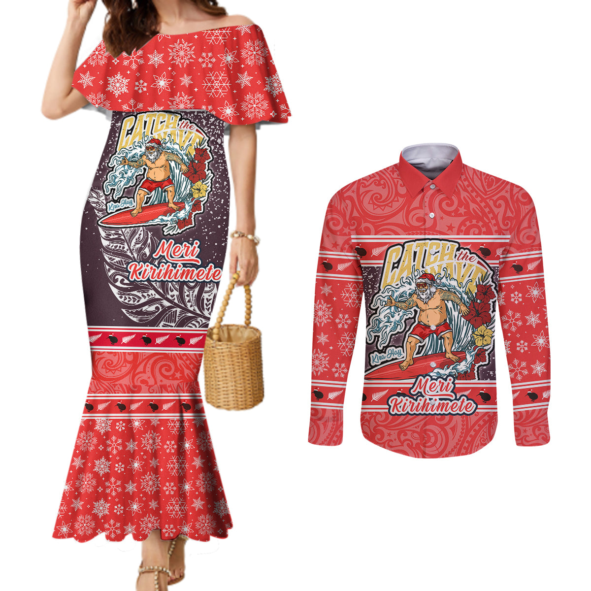 custom-new-zealand-christmas-couples-matching-mermaid-dress-and-long-sleeve-button-shirts-santa-catch-the-wave-maori-pattern-retro-style