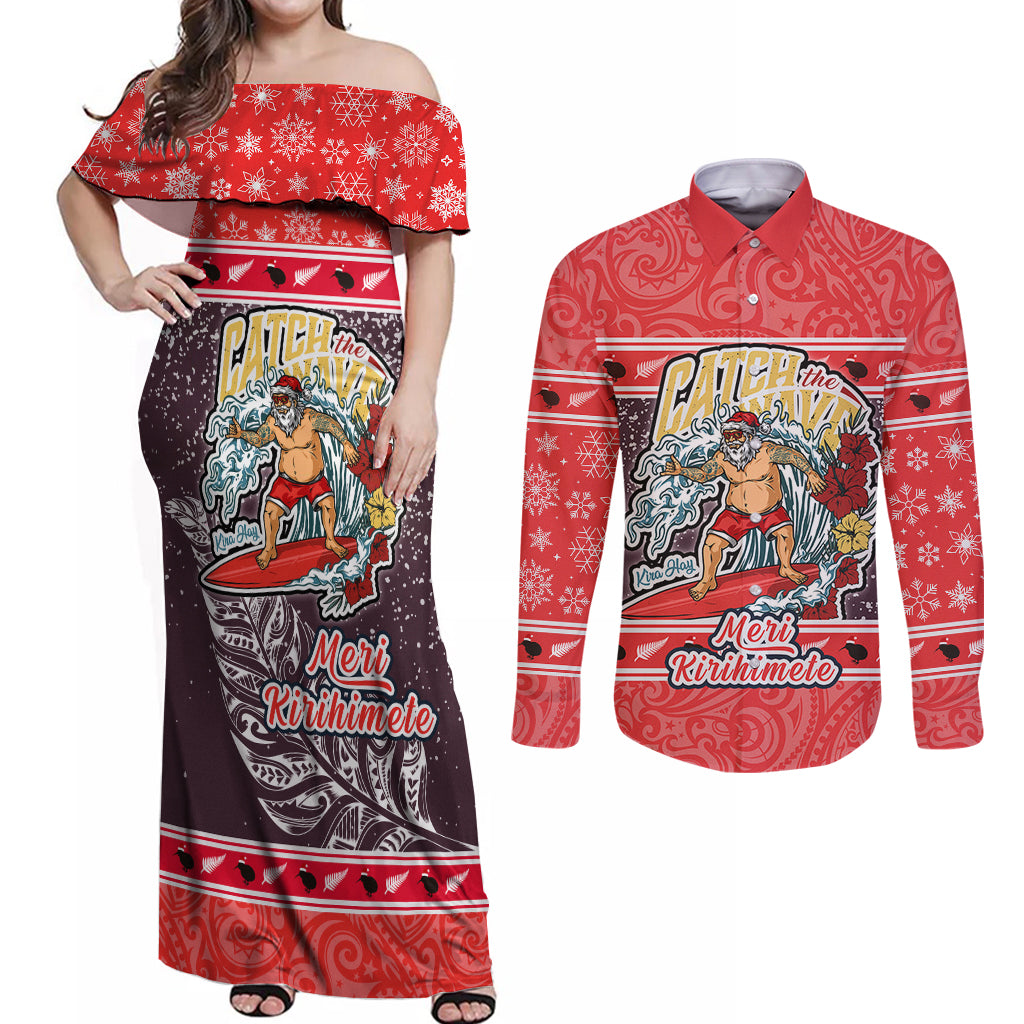 Custom New Zealand Christmas Couples Matching Off Shoulder Maxi Dress and Long Sleeve Button Shirts Santa Catch The Wave Maori Pattern Retro Style LT03 Red - Polynesian Pride