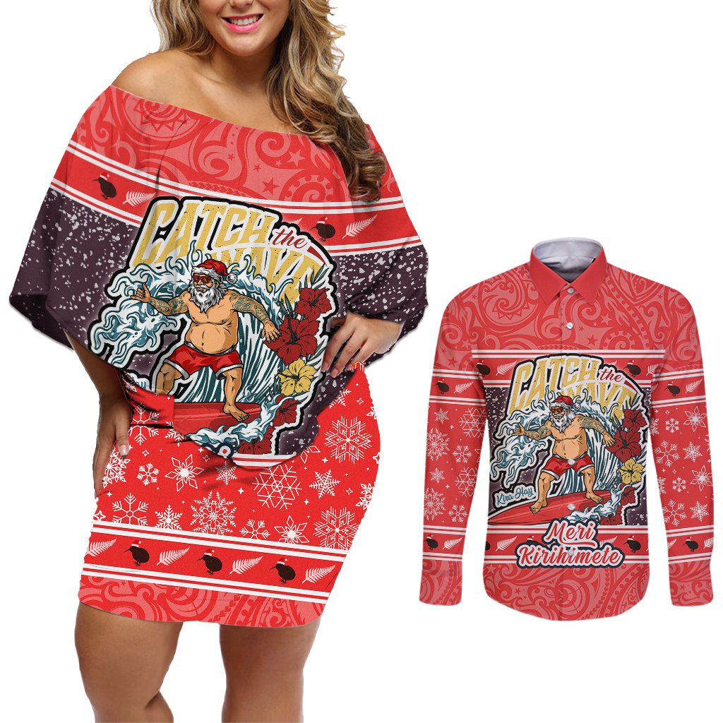 Custom New Zealand Christmas Couples Matching Off Shoulder Short Dress and Long Sleeve Button Shirts Santa Catch The Wave Maori Pattern Retro Style LT03 Red - Polynesian Pride