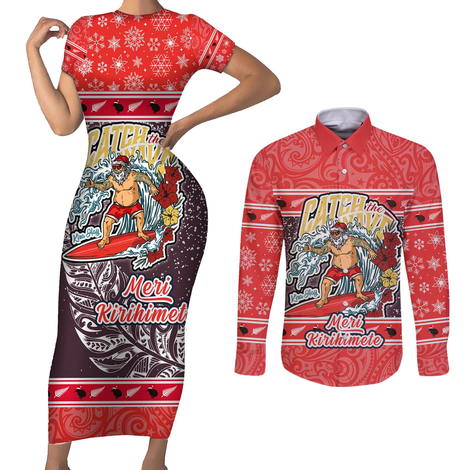 custom-new-zealand-christmas-couples-matching-short-sleeve-bodycon-dress-and-long-sleeve-button-shirts-santa-catch-the-wave-maori-pattern-retro-style