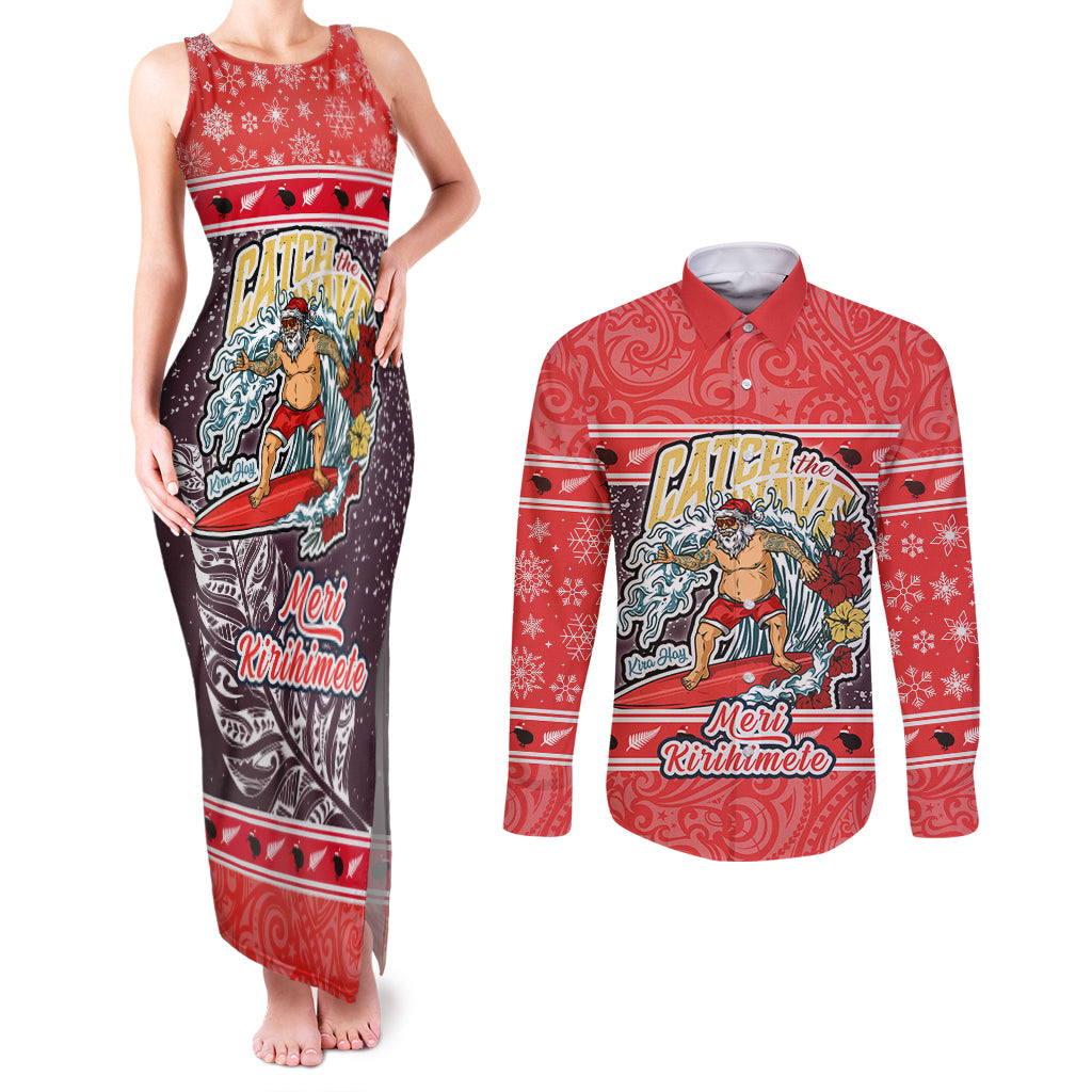Custom New Zealand Christmas Couples Matching Tank Maxi Dress and Long Sleeve Button Shirts Santa Catch The Wave Maori Pattern Retro Style LT03 Red - Polynesian Pride