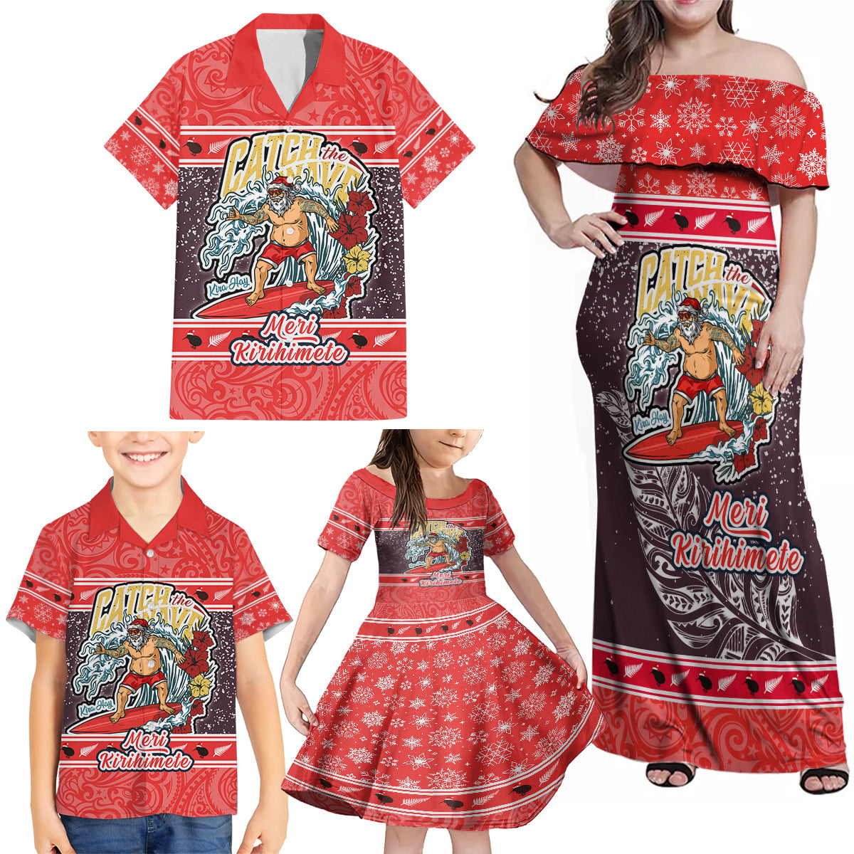 custom-new-zealand-christmas-family-matching-off-shoulder-maxi-dress-and-hawaiian-shirt-santa-catch-the-wave-maori-pattern-retro-style