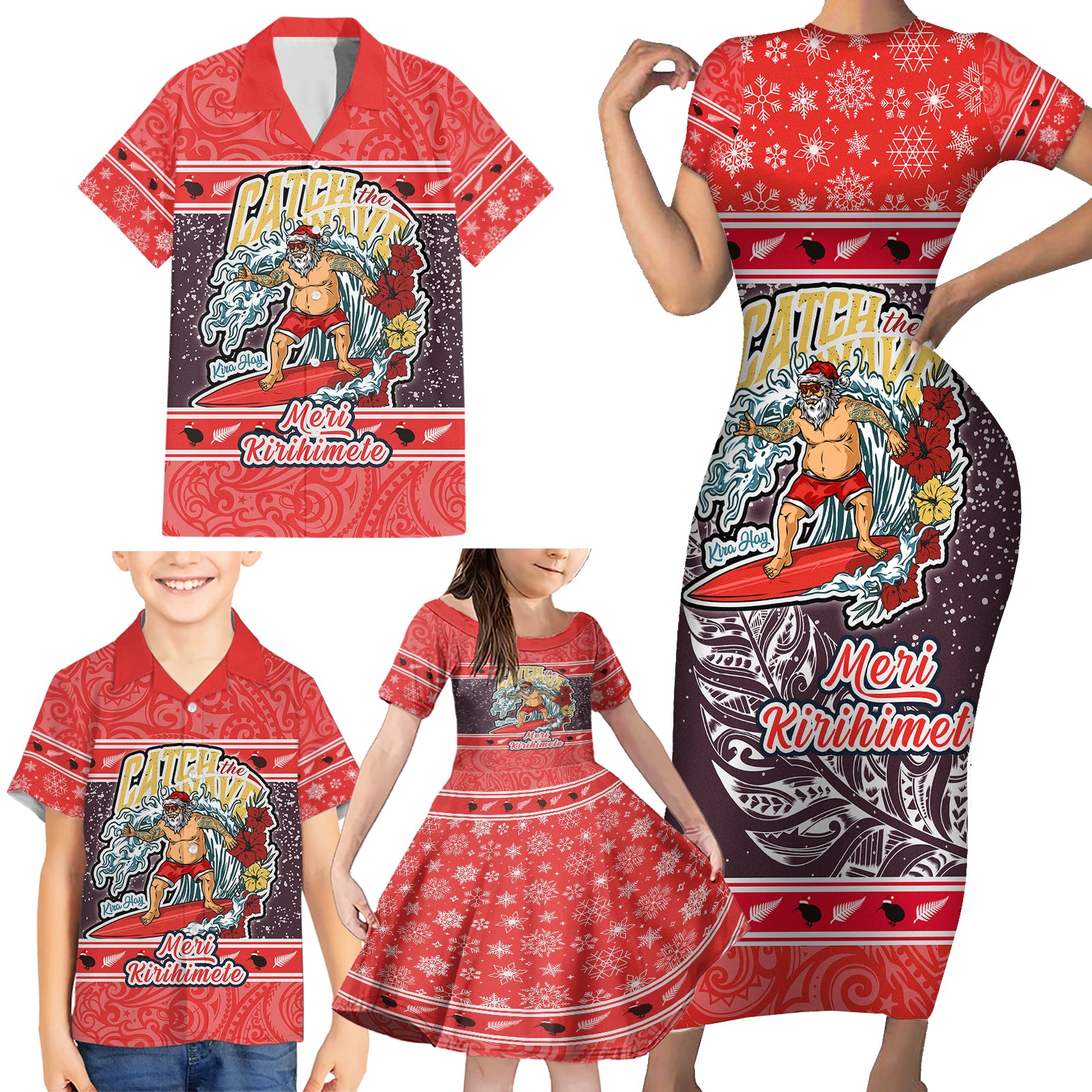 custom-new-zealand-christmas-family-matching-short-sleeve-bodycon-dress-and-hawaiian-shirt-santa-catch-the-wave-maori-pattern-retro-style