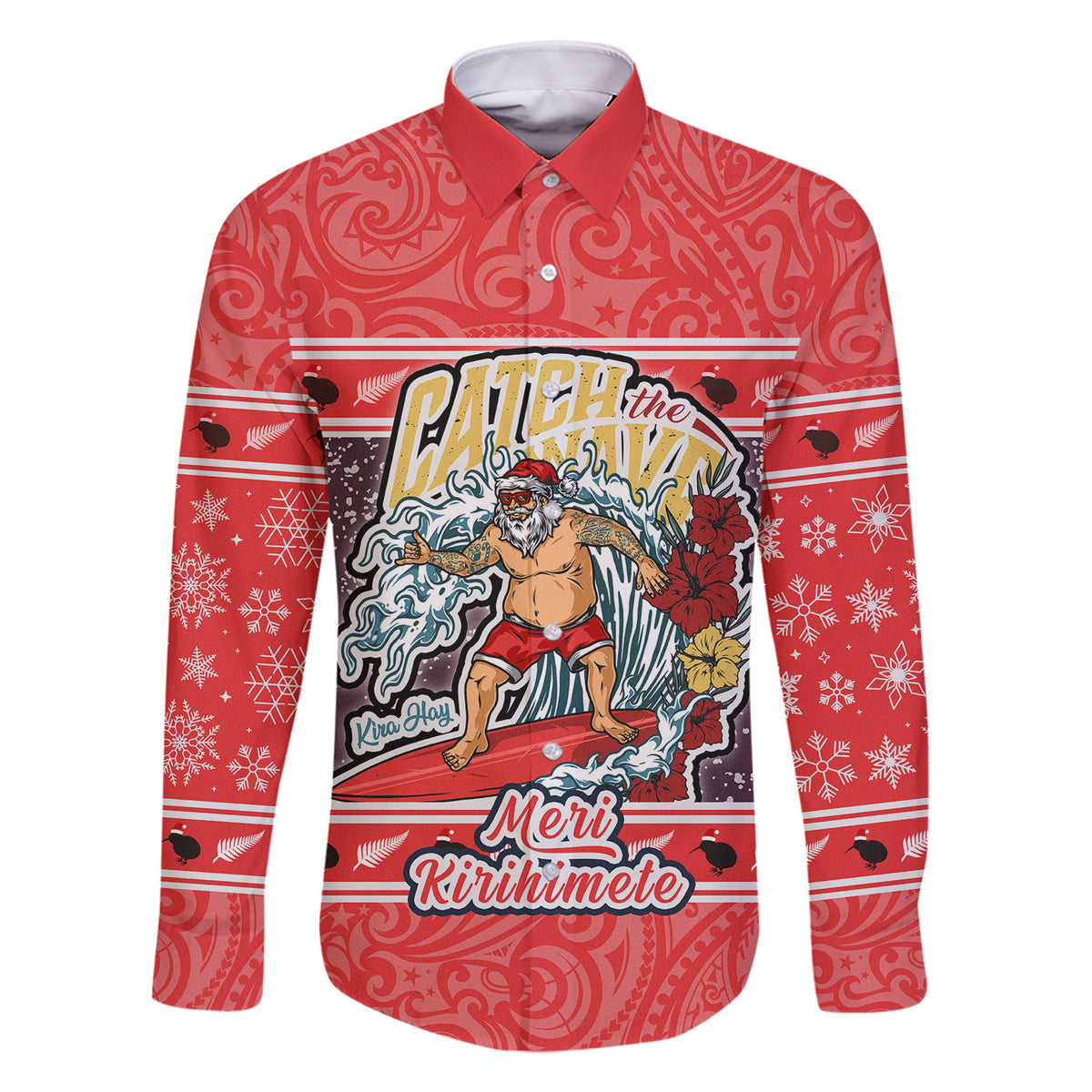 custom-new-zealand-christmas-family-matching-short-sleeve-bodycon-dress-and-hawaiian-shirt-santa-catch-the-wave-maori-pattern-retro-style