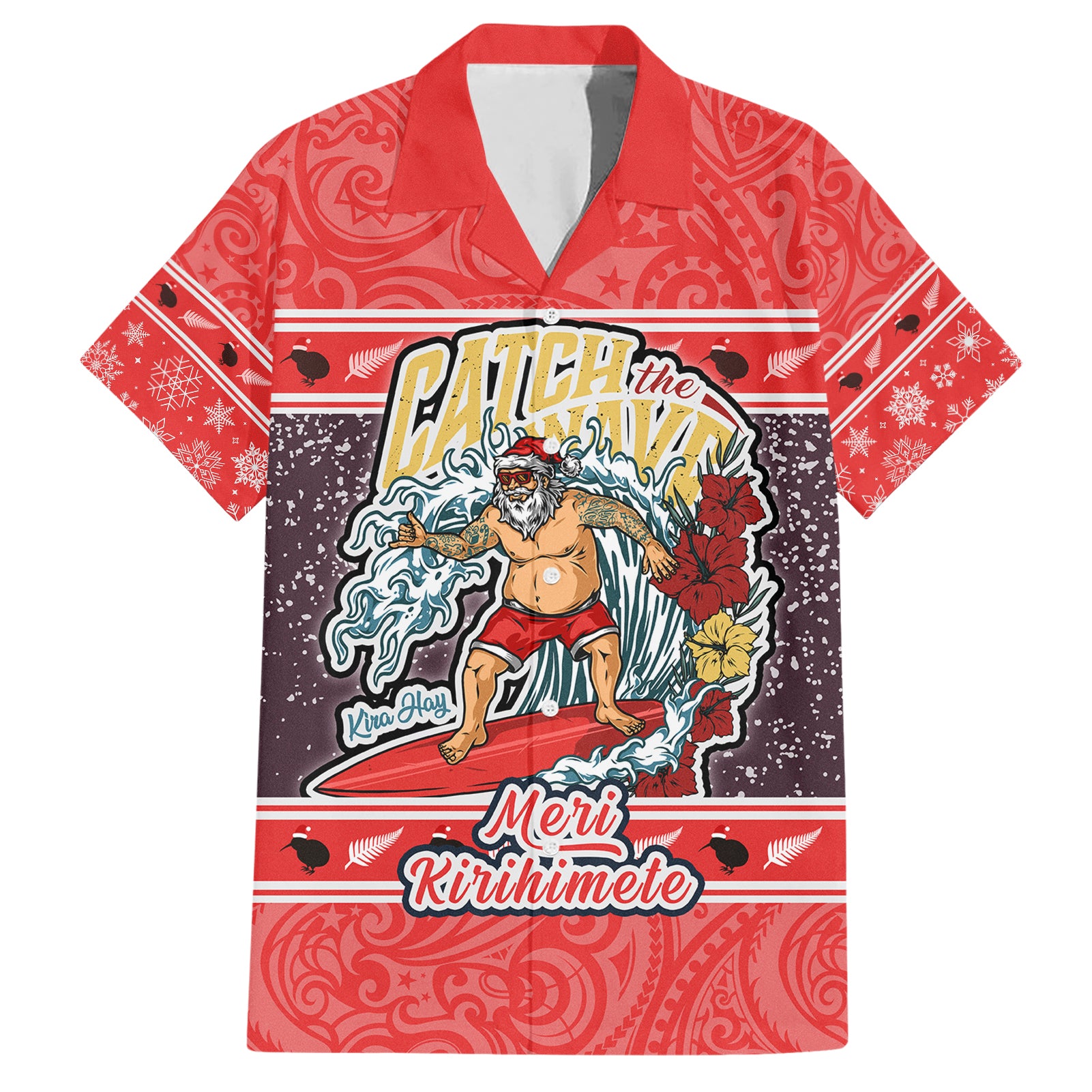 Custom New Zealand Christmas Hawaiian Shirt Santa Catch The Wave Maori Pattern Retro Style LT03 Red - Polynesian Pride