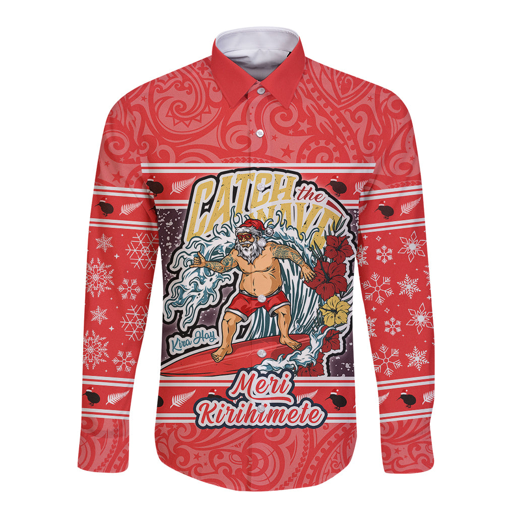 custom-new-zealand-christmas-long-sleeve-button-shirt-santa-catch-the-wave-maori-pattern-retro-style