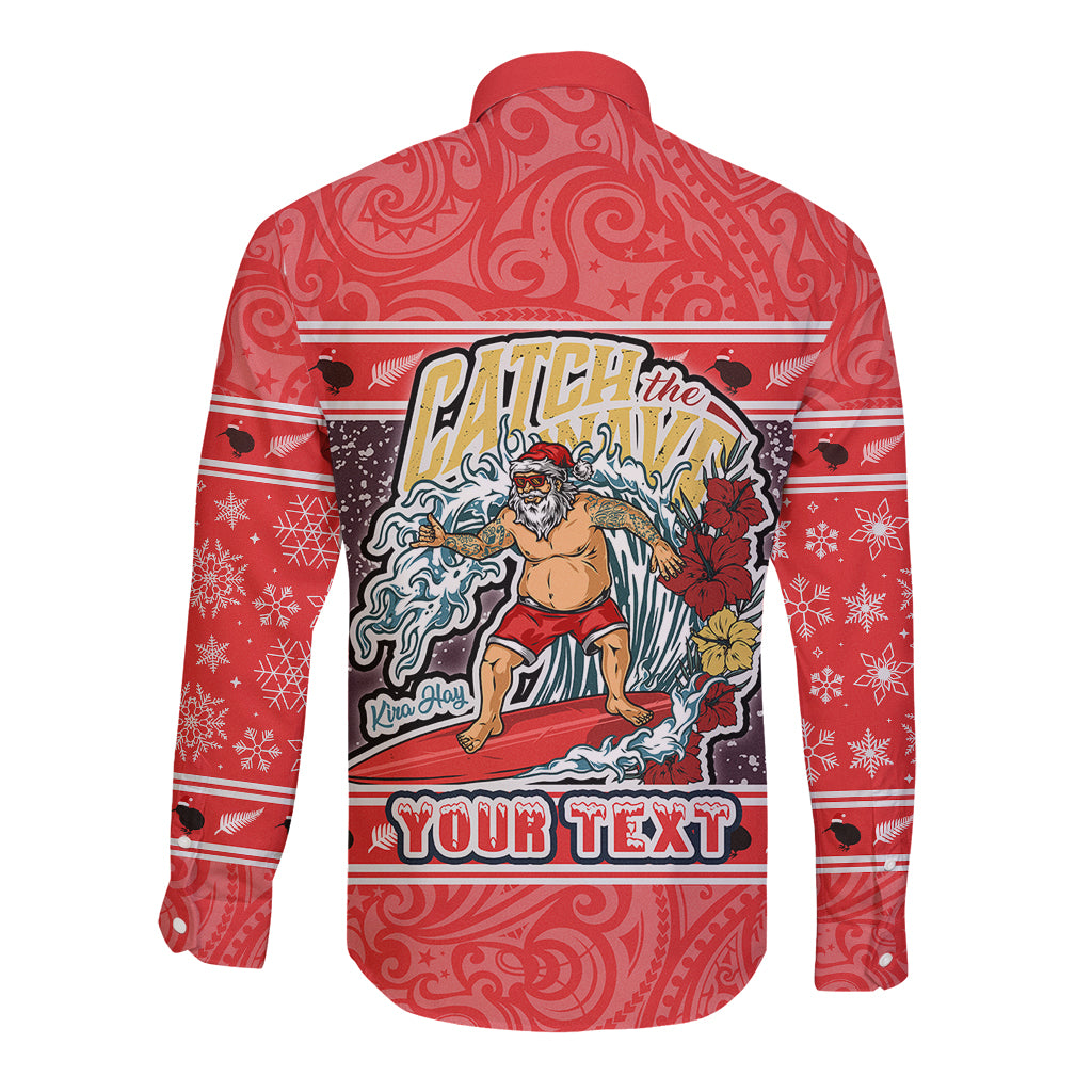 Custom New Zealand Christmas Long Sleeve Button Shirt Santa Catch The Wave Maori Pattern Retro Style LT03 - Polynesian Pride