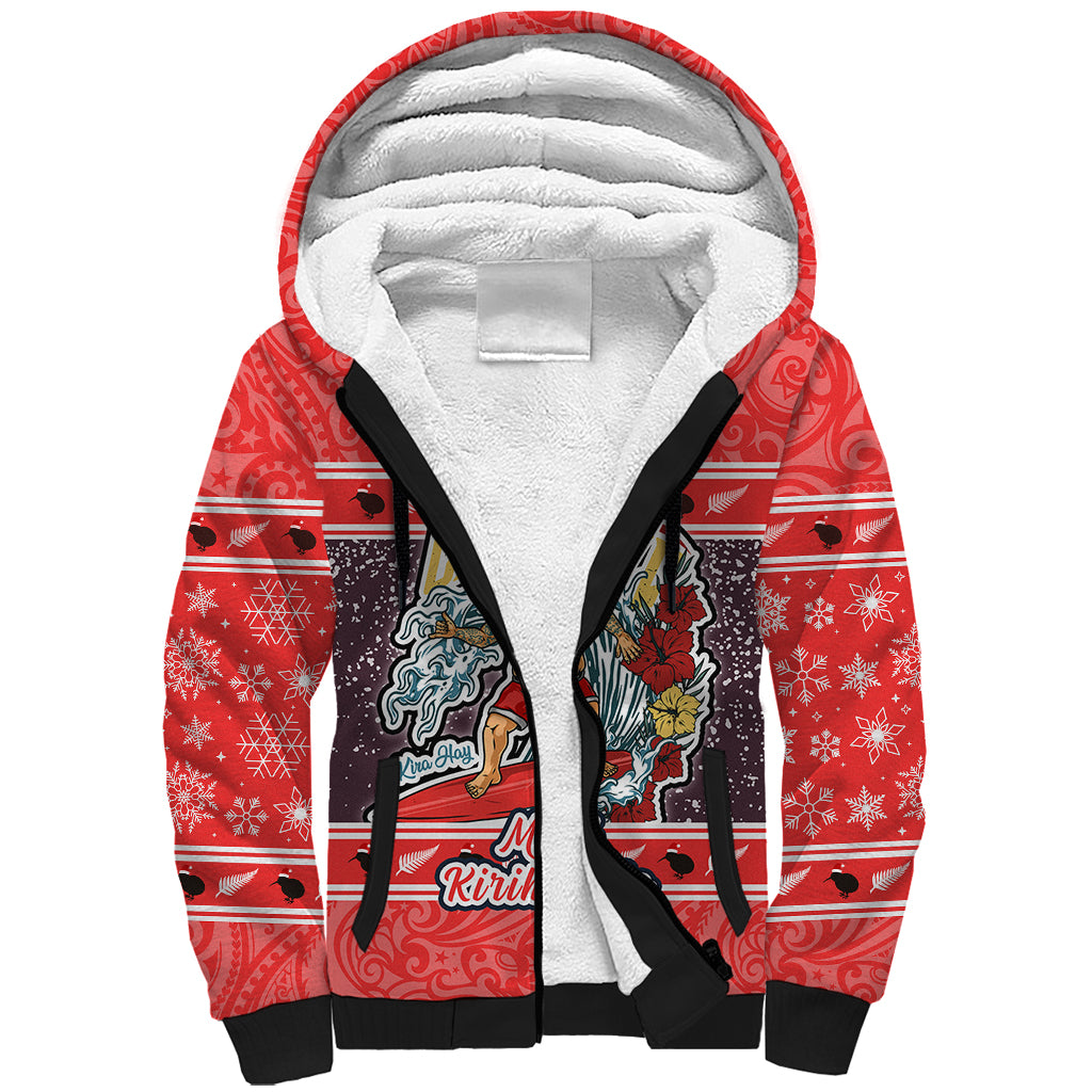 Custom New Zealand Christmas Sherpa Hoodie Santa Catch The Wave Maori Pattern Retro Style LT03 Unisex Red - Polynesian Pride