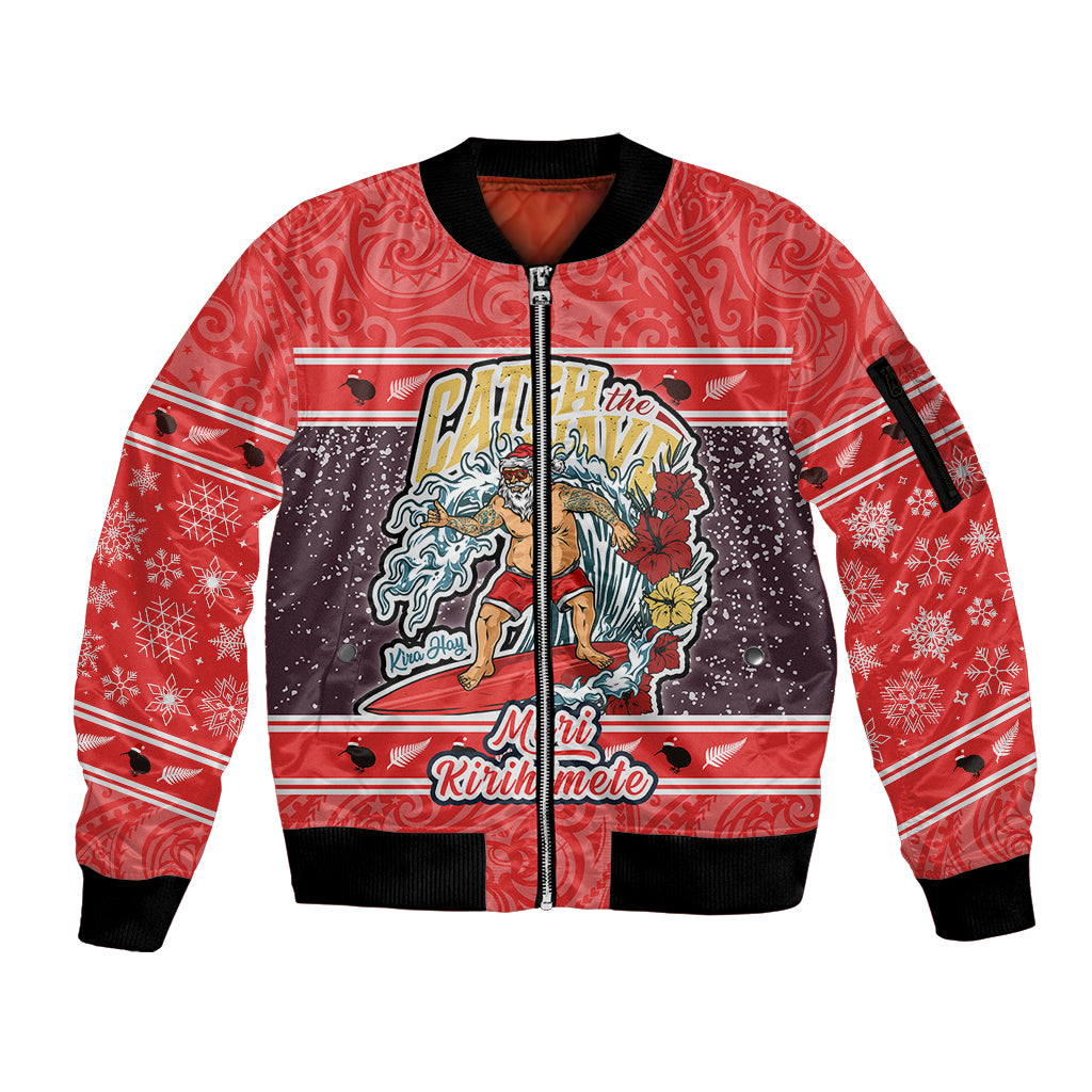 Custom New Zealand Christmas Sleeve Zip Bomber Jacket Santa Catch The Wave Maori Pattern Retro Style LT03 Unisex Red - Polynesian Pride