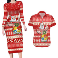 Tonga Christmas Couples Matching Long Sleeve Bodycon Dress and Hawaiian Shirt The Santa Coat of Arms with Ngatu and Snow Pattern LT03 Red - Polynesian Pride