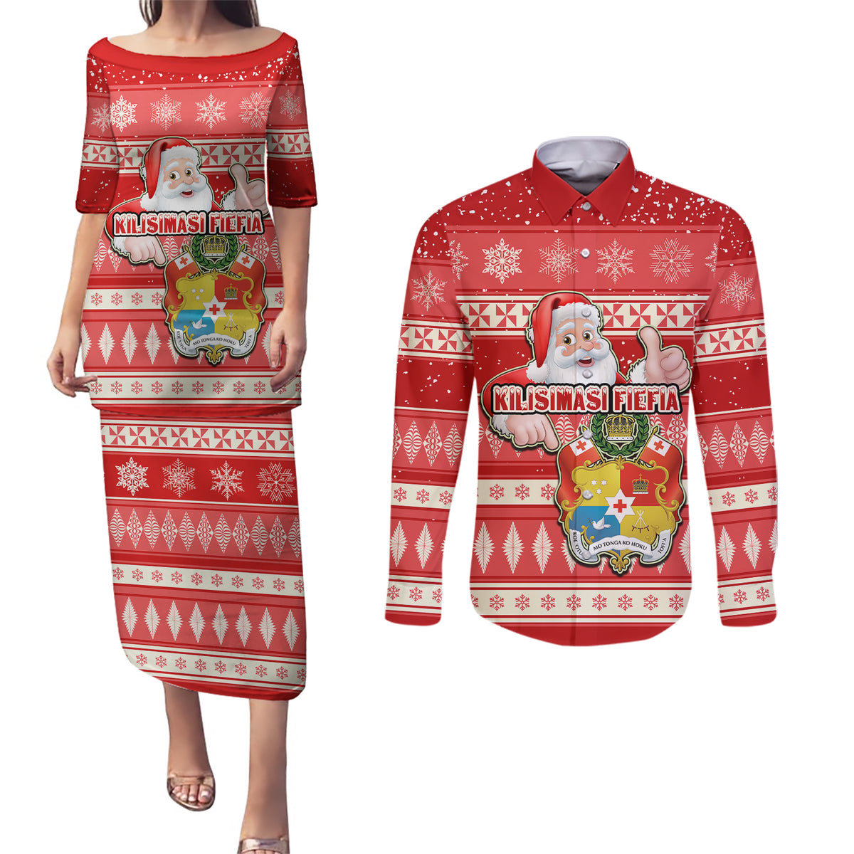 tonga-christmas-couples-matching-puletasi-dress-and-long-sleeve-button-shirts-the-santa-coat-of-arms-with-ngatu-and-snow-pattern
